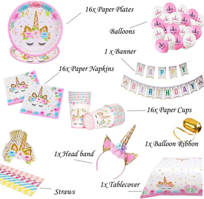 Unicorn Birthday party supplies - serves 16