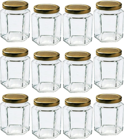 12 Hexagonal Glass Jars with Golden Lids - Jam Jars